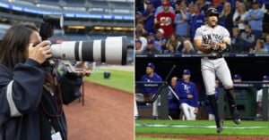 Left: A person uses a large camera lens on a baseball field. Right: A baseball player in a gray uniform reacts energetically while running, with spectators in the background.