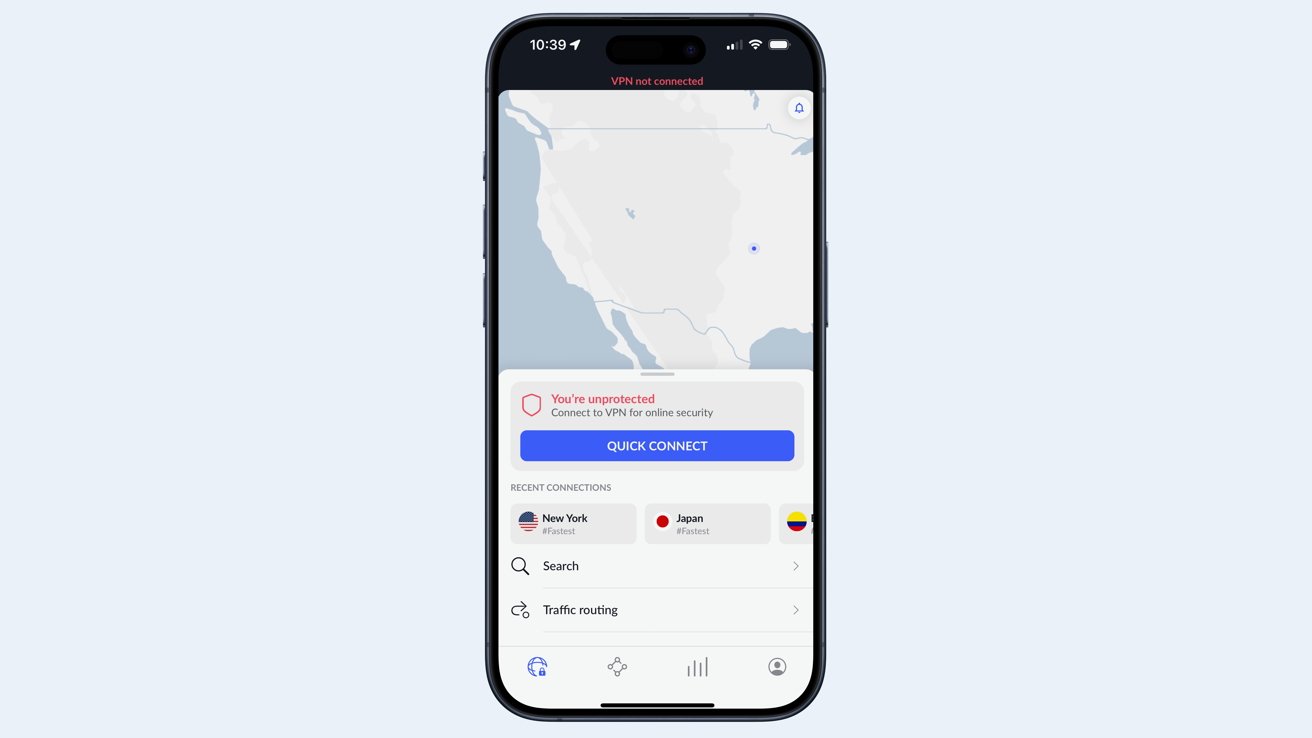 NordVPN app on iPhone with 'VPN not connected' text, a map, 'You're unprotected' warning, 'Quick Connect' button, and recent connection locations.