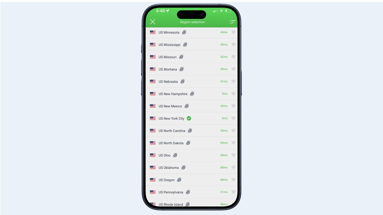 Smartphone screen displaying a list of U.S. states with their corresponding flags, names, and PIA server latency times in milliseconds. New York City is selected.