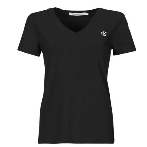 Textiel Dames T-shirts korte mouwen Calvin Klein Jeans CK EMBROIDERY STRETCH V-NECK Zwart