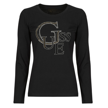 Textiel Dames T-shirts met lange mouwen Guess LS RN GUESS STUDDED LOGO TEE Zwart