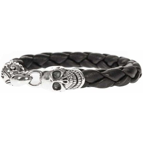 Montres & Bijoux Homme Bracelets Orusbijoux Bracelet Homme Cuir Noir Tête De Mort En Argent Argenté