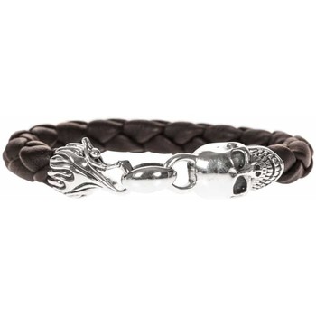 Montres & Bijoux Homme Bracelets Orusbijoux Bracelet Homme Cuir Tête De Mort Marron Et Argent Argenté