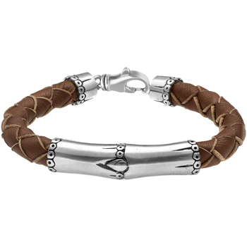 Montres & Bijoux Homme Bracelets Orusbijoux Bracelet Homme Motif Argent Bambou Et Cuir Marron Tressé Argenté