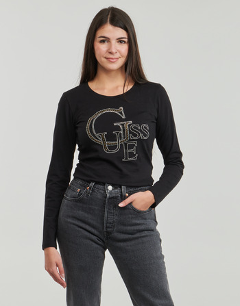 Vêtements Femme T-shirts manches longues Guess LS RN GUESS STUDDED LOGO TEE Noir