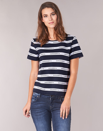 Textiel Dames T-shirts korte mouwen Superdry COTE STRIPE TEXT TEE Marine