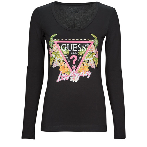 Textiel Dames T-shirts met lange mouwen Guess LS SN TRIANGLE FLOWERS TEE Zwart