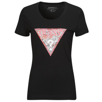 Textiel Dames T-shirts korte mouwen Guess RN SATIN TRIANGLE Zwart