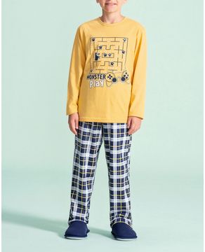 Pijama-Infantil-Masculino-Lua-Encantada-Xadrez-Pac-Man