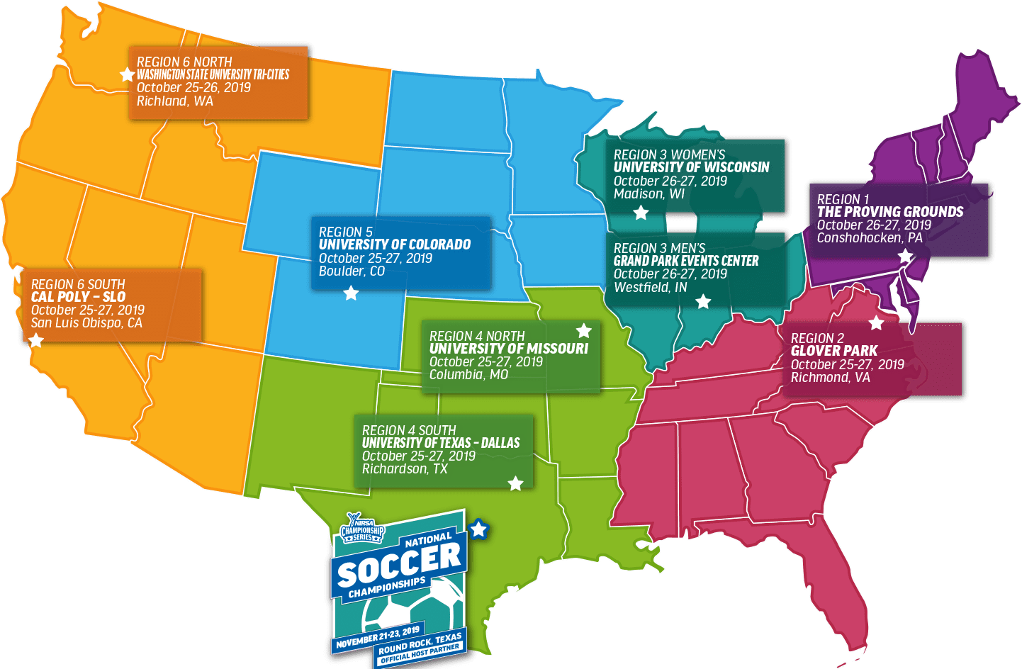 Map of NIRSA Regional Soccer Tournaments in 2019