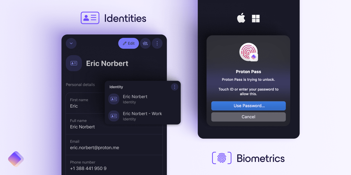 Introducing Identities for all Proton Pass users and biometric login on desktop apps for Pass Plus users