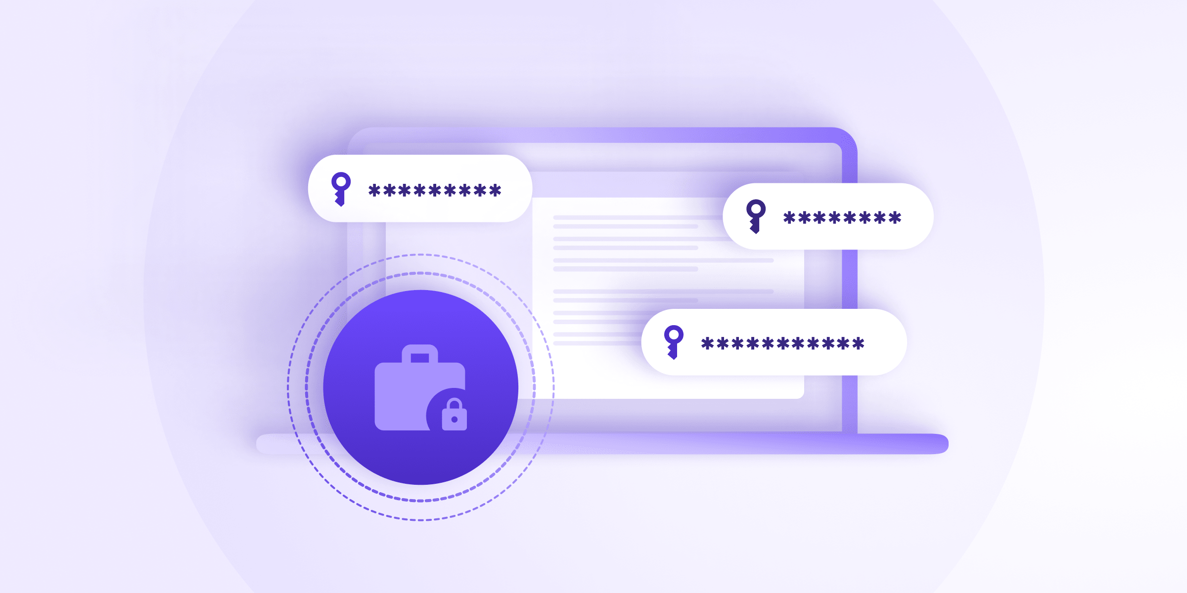 5 reasons you need a business password manager: Proton explores the benefits of using a password manager and the features you need. Image shows a purple laptop screen with multiple password fields filled with dots