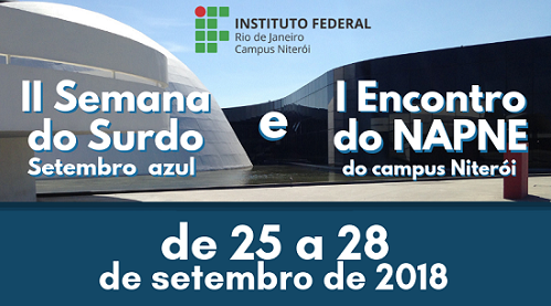 cartaz em azul, campus niteroi de fundo, escrita em branco, logo do ifrj verde e vermelha com escrita em preto