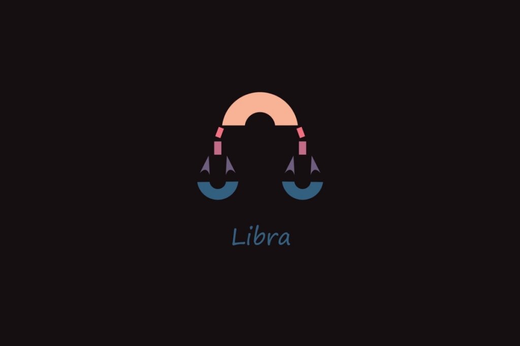 Ilustração do signo de Libra em formato geométrico nas cores rosa, roxo e azul