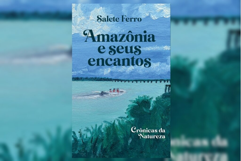 Foto do Rio Amazonas com céu azul acima na capa do livro 'Amazônia e seus encantos'