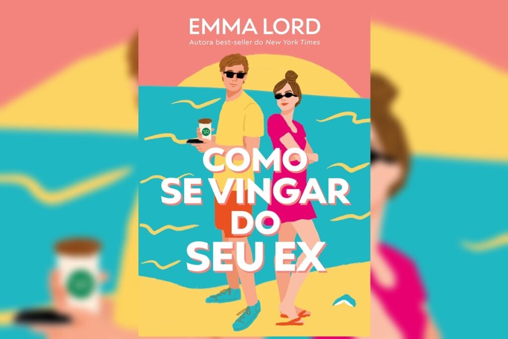 Capa de livro em tons de amarelo e rosa, com o nome de título e um casal com roupas de verão e óculos escuro 