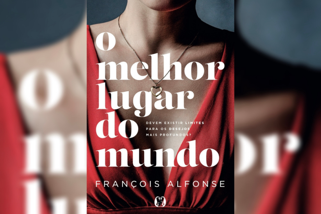 Capa de livro com título e nome do autor e a imagem de uma mulher usando um vestido vermelho 