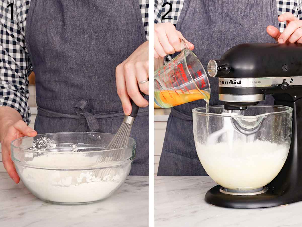 Set of two photos showing dry ingredients whisked together and eggs added to the mixing bowl.