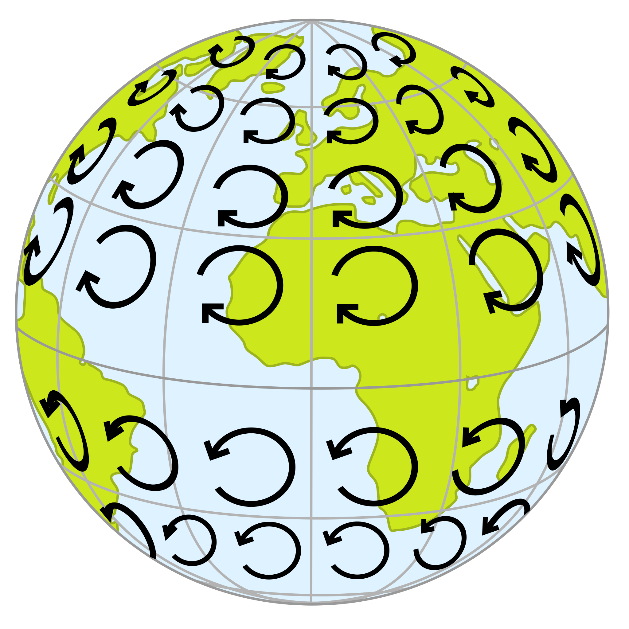 Illustration of the Earth with circular arrows pointing clockwise in the Northern Hemisphere and counterclockwise in the Southern Hemisphere, which equates to Coriolis deflection to the right in the Northern Hemisphere and to the left in the Southern Hemisphere.