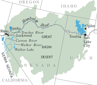 Map of the Great Basin Desert, located across most of Nevada, Western Utah, southeastern Idaho, and eastern California. The Humboldt River runs approximately east to west in the northern part of the desert and the Great Salt Lake is located near the eastern edge of the desert.