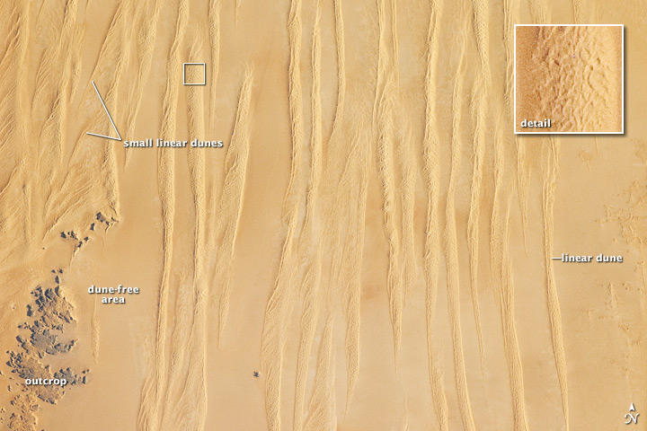 Satellite image of long, linear parallel dune ridges in a tan sandy landscape.