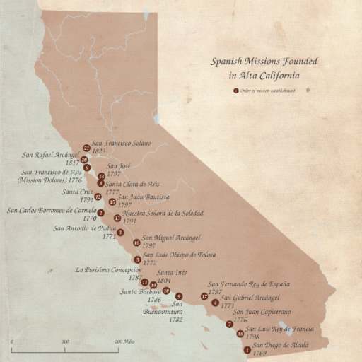 This map shows the location of the missions founded along the California coast by Spanish missionaries