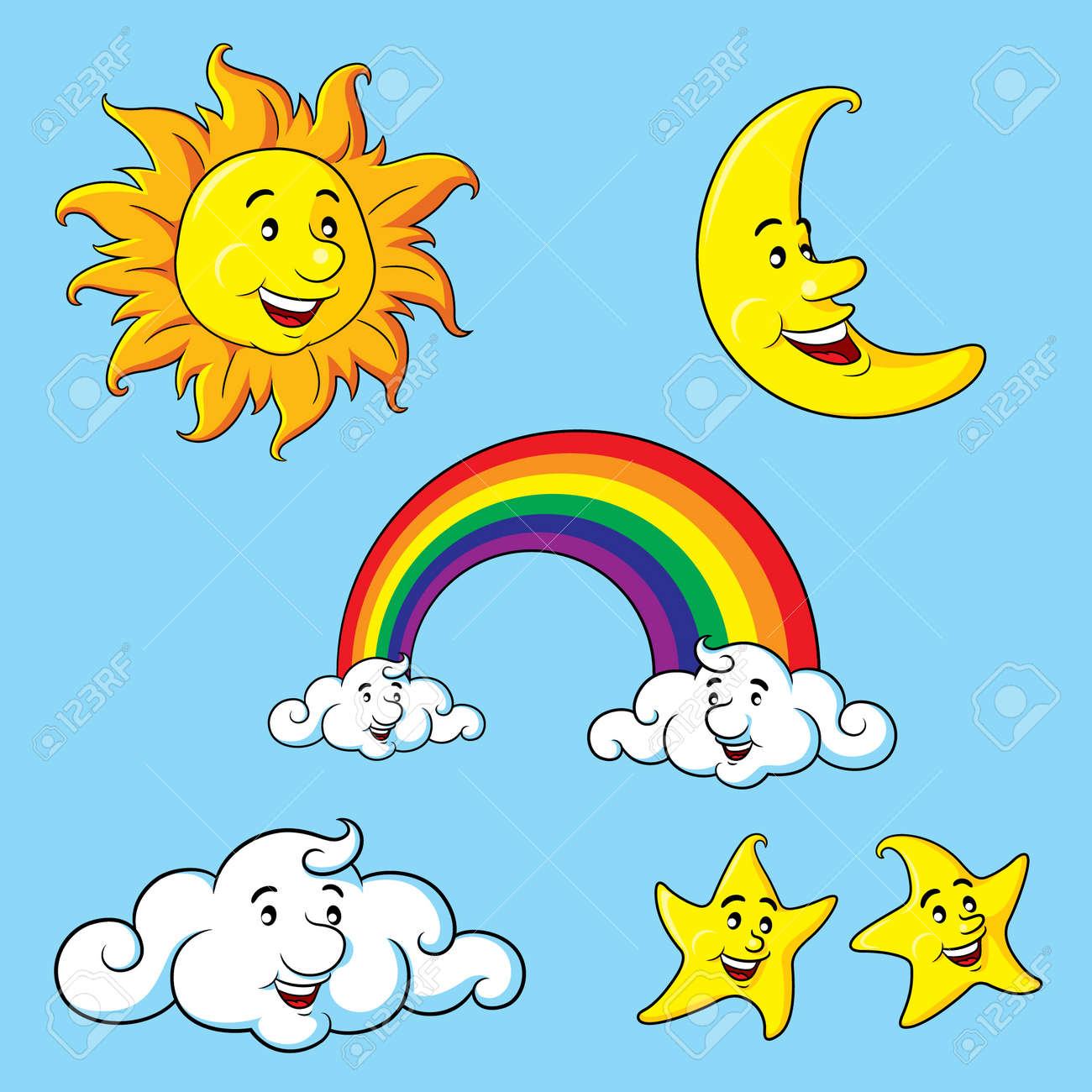 Sun Moon Stars Clouds Rainbow Cartoon Royalty Free Cliparts Vectors And Stock Illustration Image