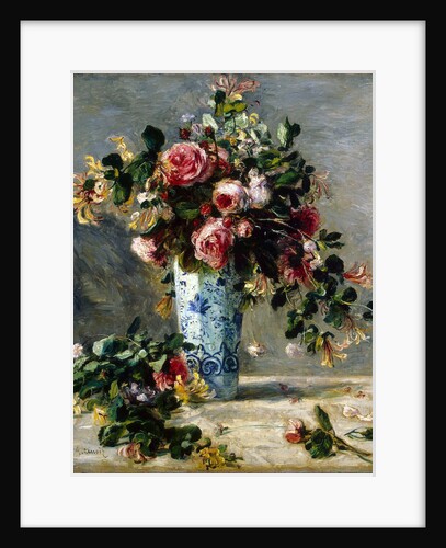 Roses and Jasmine in a Delft Vase by Pierre-Auguste Renoir