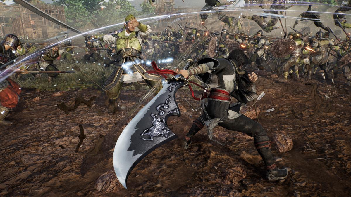 Dynasty Warriors Origins blowing away lots of enemies with powerful Musou attack