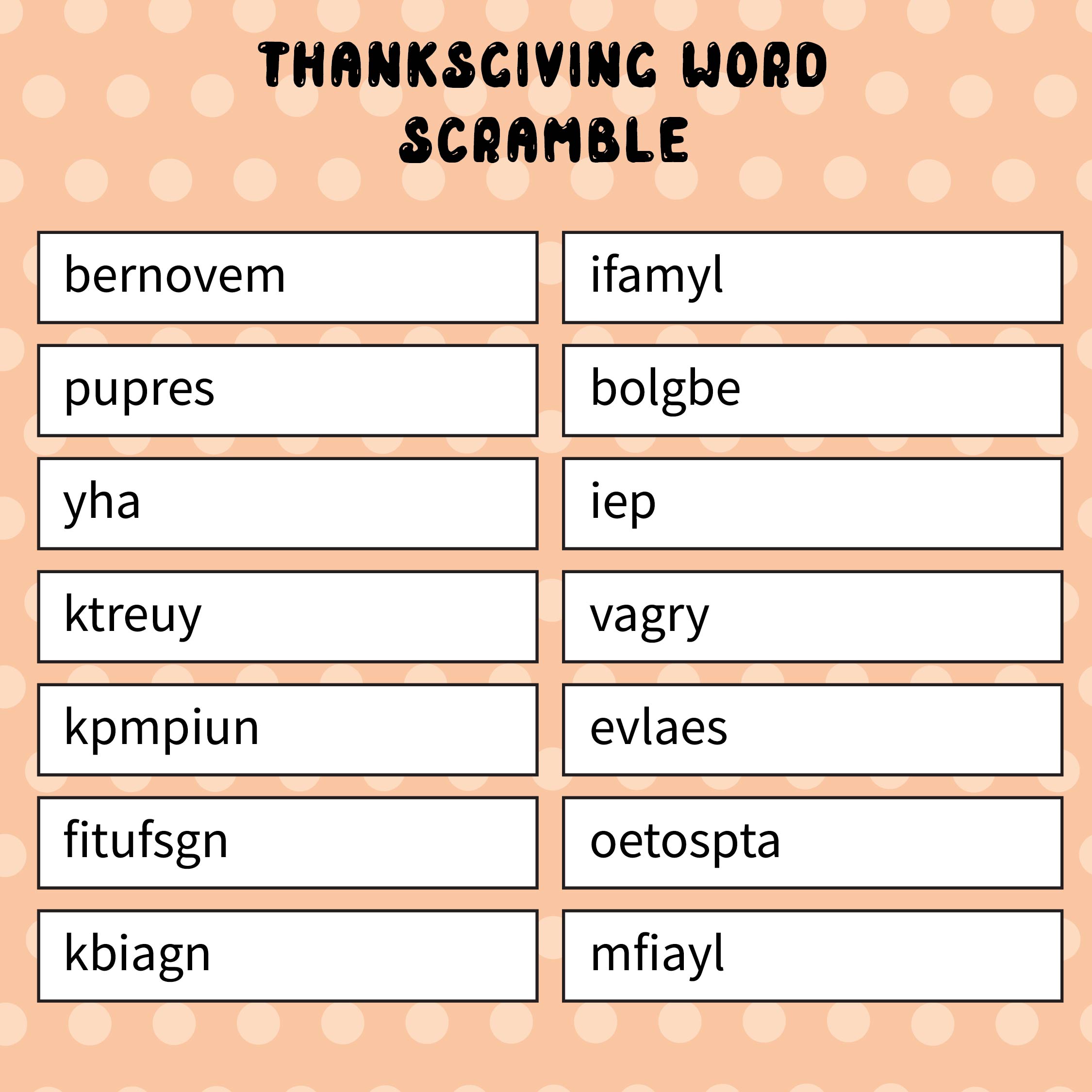 Thanksgiving Word Scramble Game