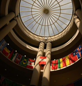 The rotunda of the Benson University Center at WFU shows flags of countries represented by the international student body.