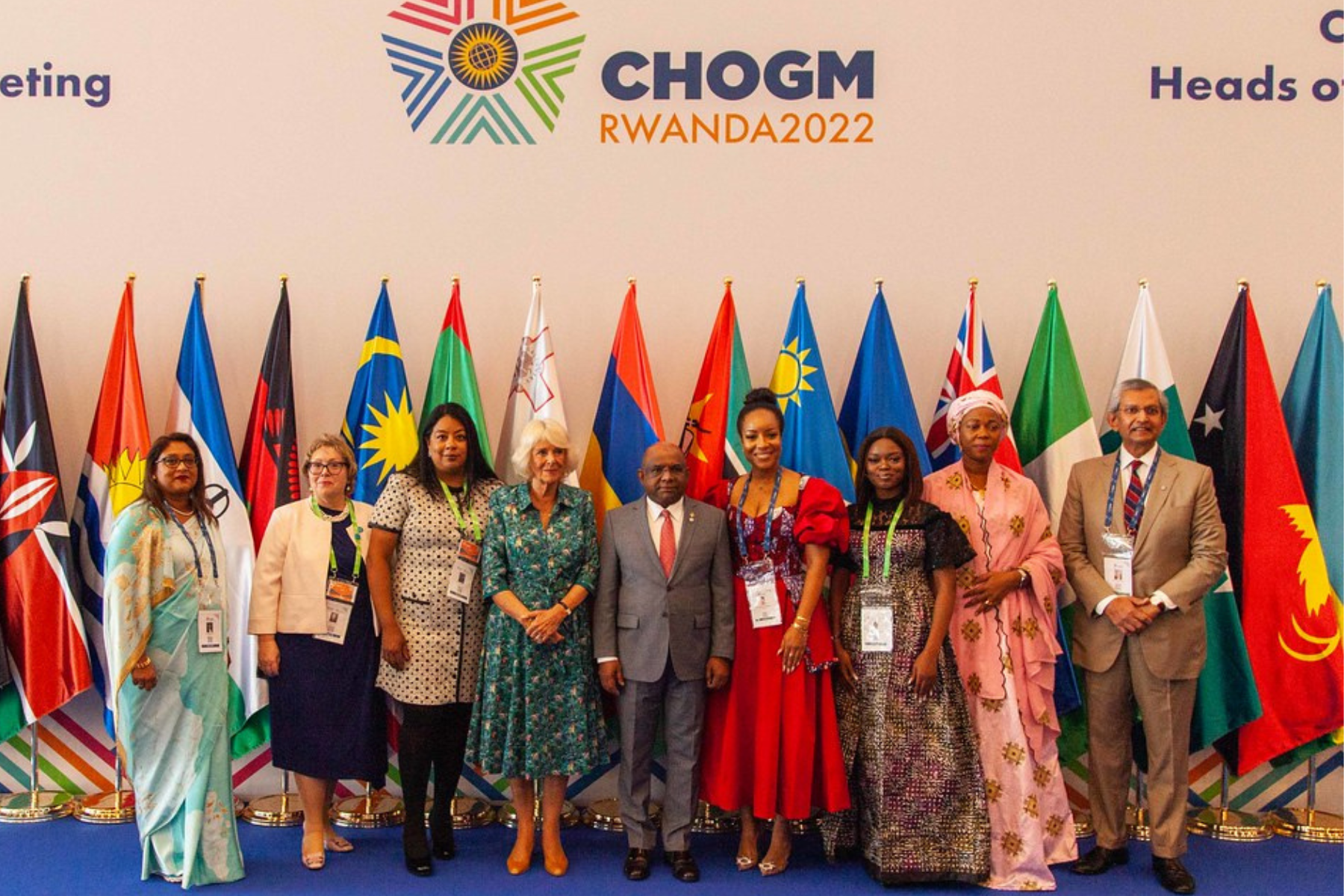 Group photo of Her Majesty The Queen with speakers at an event on ending violence against women and girls at CHOGM 2022 in Rwanda