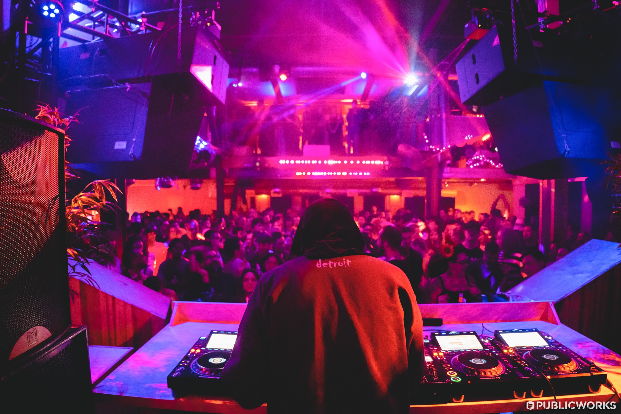 Moodyman of Detroit Love performing in the Main Room, shot from behind the DJ booth.