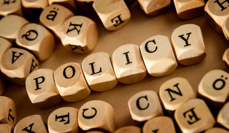 Wooden dice, with letters instead of spots, spelling out the word policy