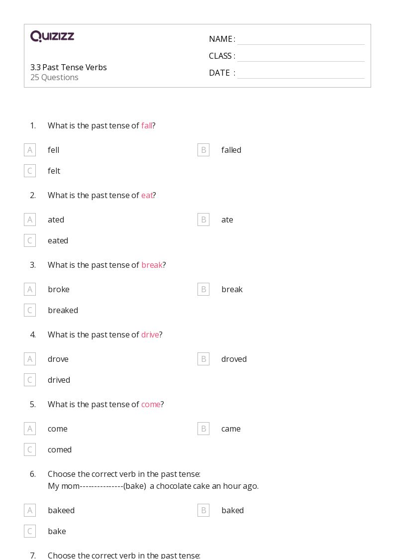 3.3 Past Tense Verbs - Printable Past-tense-verbs Worksheets Grade 3 - Quizizz