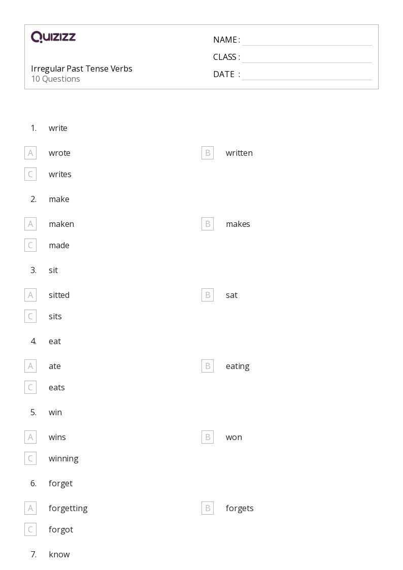 Irregular Past Tense Verbs - Printable Past-tense-verbs Worksheets Grade 3 - Quizizz