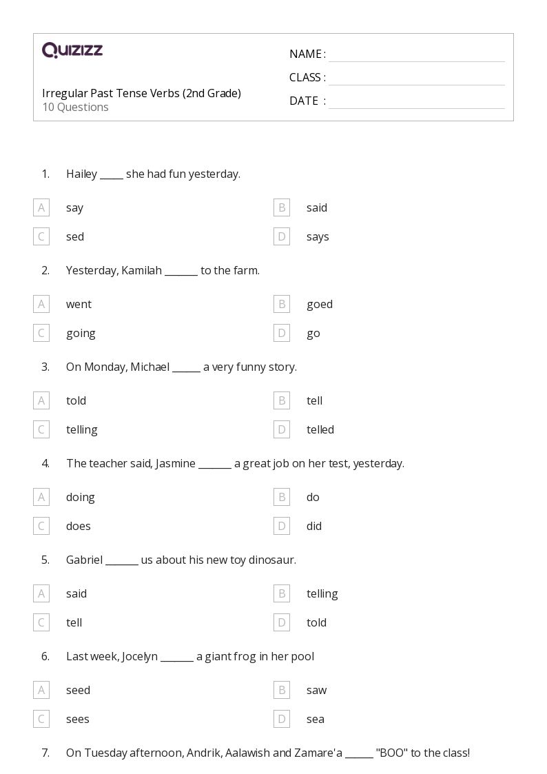 Irregular Past Tense Verbs (2nd Grade) - Printable Past-tense-verbs Worksheets Grade 3 - Quizizz