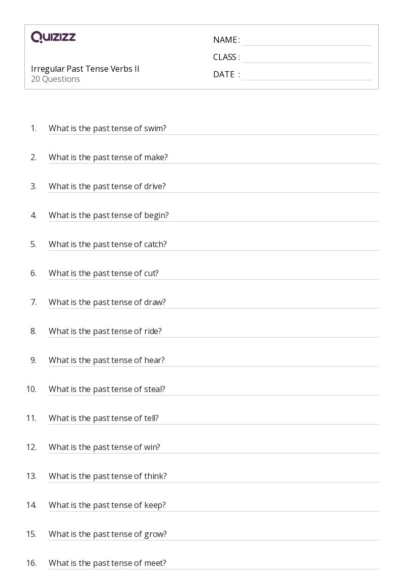 Irregular Past Tense Verbs II - Printable Past-tense-verbs Worksheets Grade 3 - Quizizz