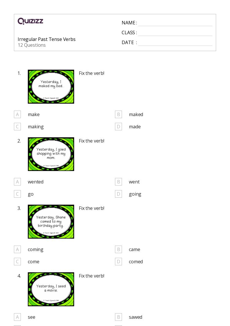Irregular Past Tense Verbs - Printable Past-tense-verbs Worksheets Grade 3 - Quizizz