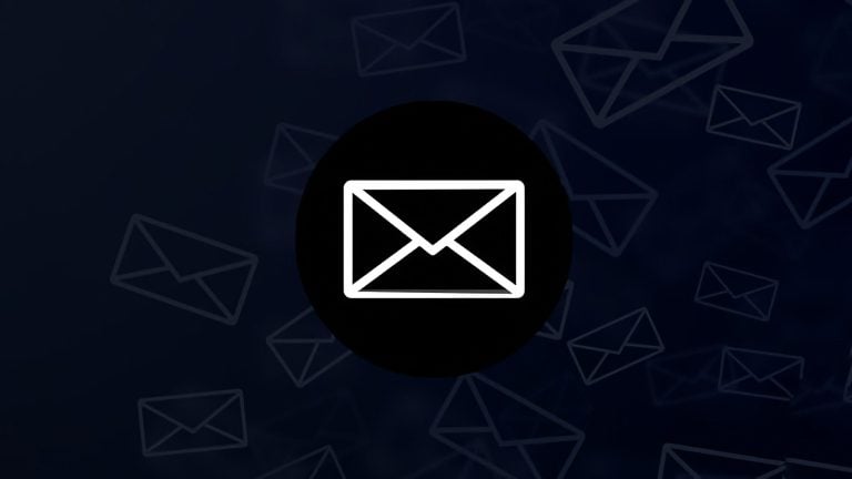 White email envelope icon in a black circle on a dark blue background with multiple translucent envelope outlines.