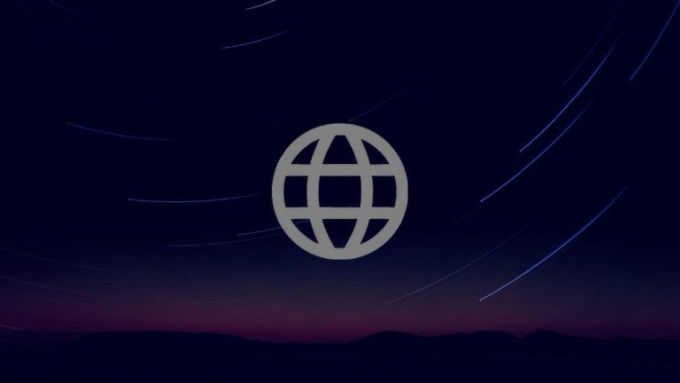 Globe icon on a starry night sky background.