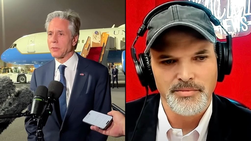 Split image: on the left, a Antony Blinken speaking into microphones in front of an airplane; on the right, Matt Taibbi with headphones and a gray cap speaking into a microphone against a red background.