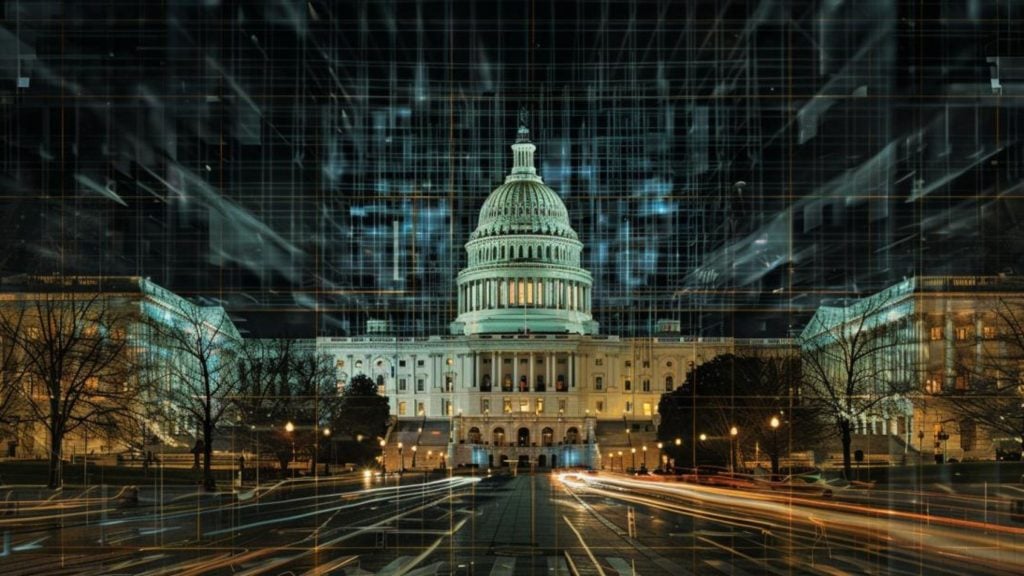 The United States Capitol building at night with a digital grid overlay.