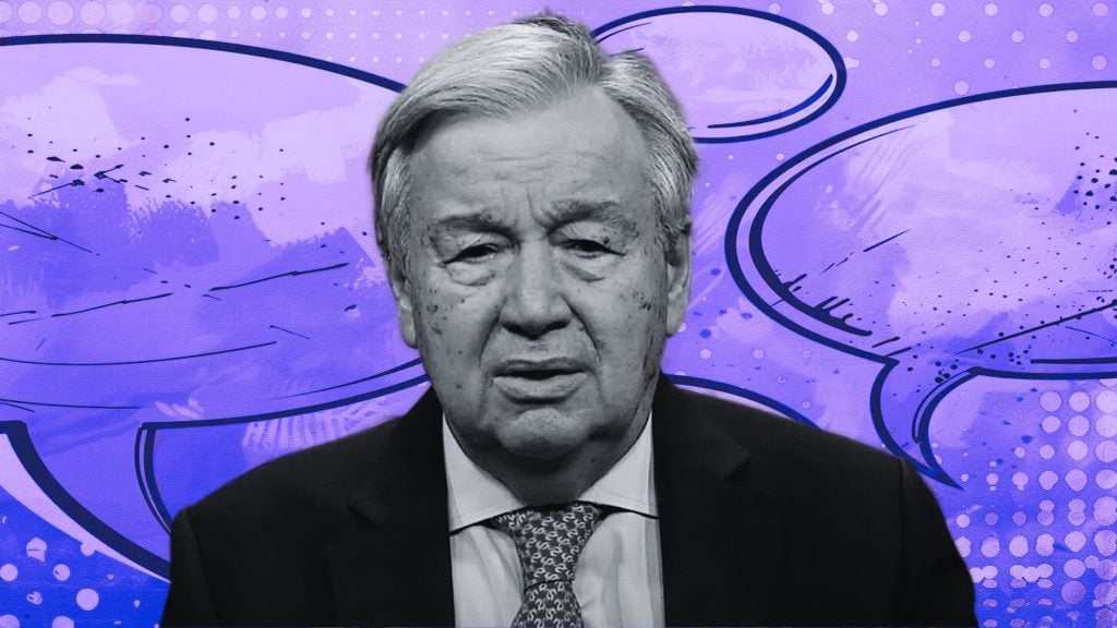 António Guterres against a purple background with comic-like speech bubbles.