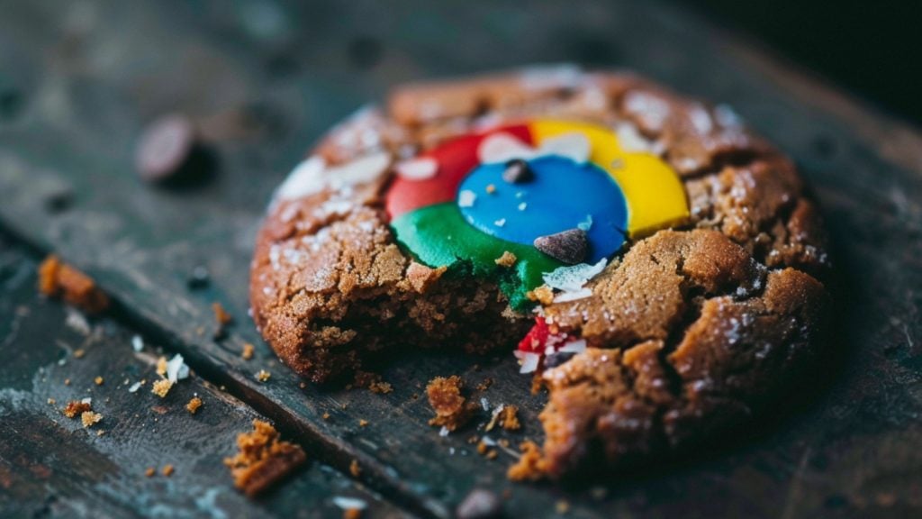 A bitten cookie with colorful icing resembling a familiar logo, placed on a rustic wooden surface.