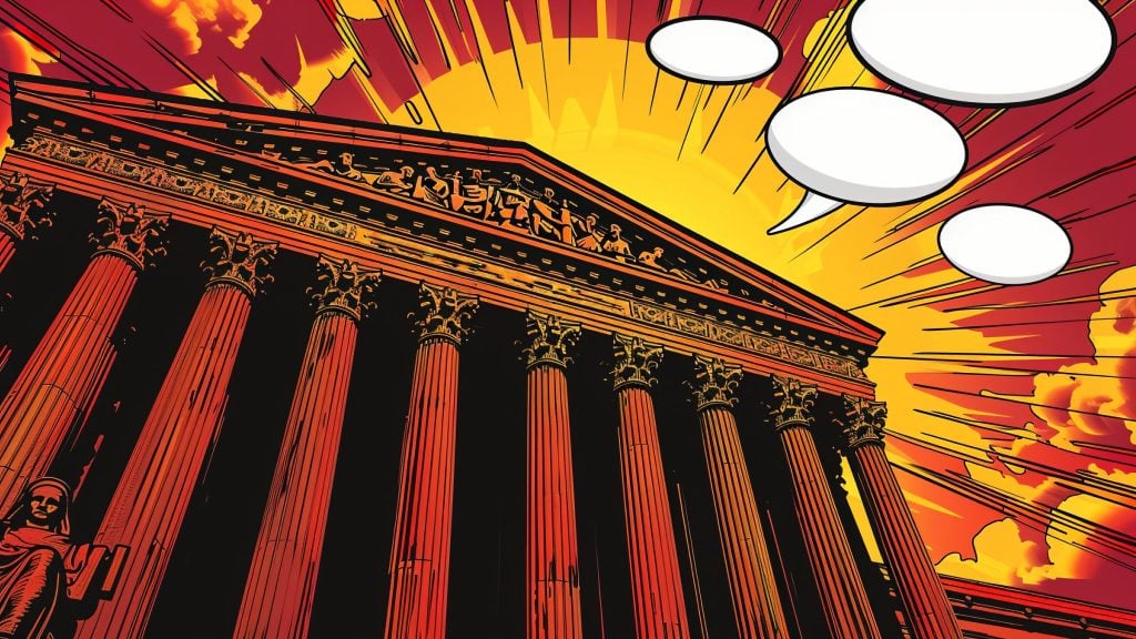 Comic-style illustration of a large classical building with columns, a dramatic sunburst background, and several empty speech bubbles.