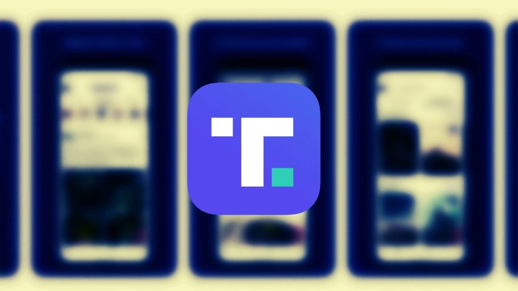 A blue and purple square icon with a stylized letter "T" in white and a small green square on the bottom right. Blurred background with three dark vertical rectangles.