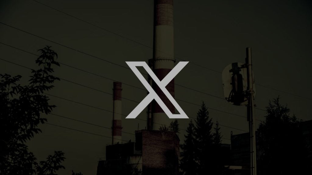 Dark industrial landscape with smokestacks and trees, overlaid with a large "X" symbol in the center.