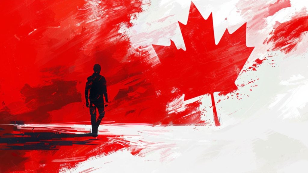 Silhouette of a person walking in front of a stylized red and white Canadian flag with a large maple leaf.