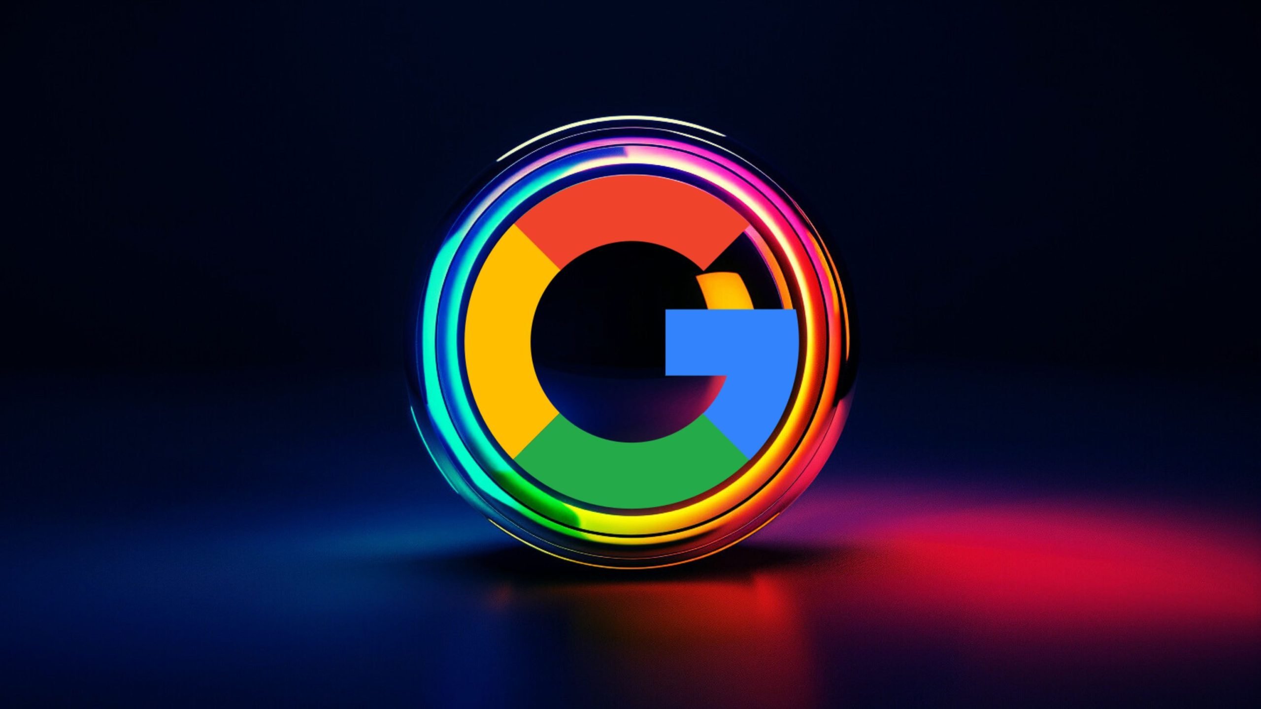 Colorful, illuminated Google logo against a dark background.